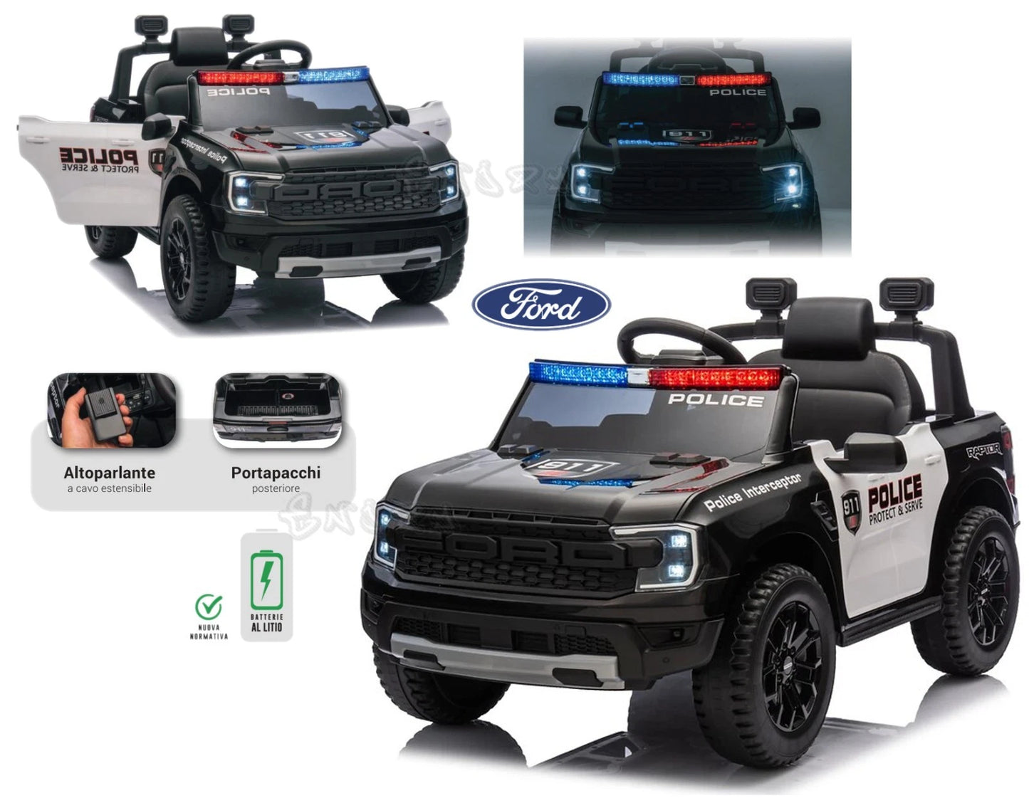 Auto polizia elettrica per bambini ford raptor jeep batteria litio altoparlante