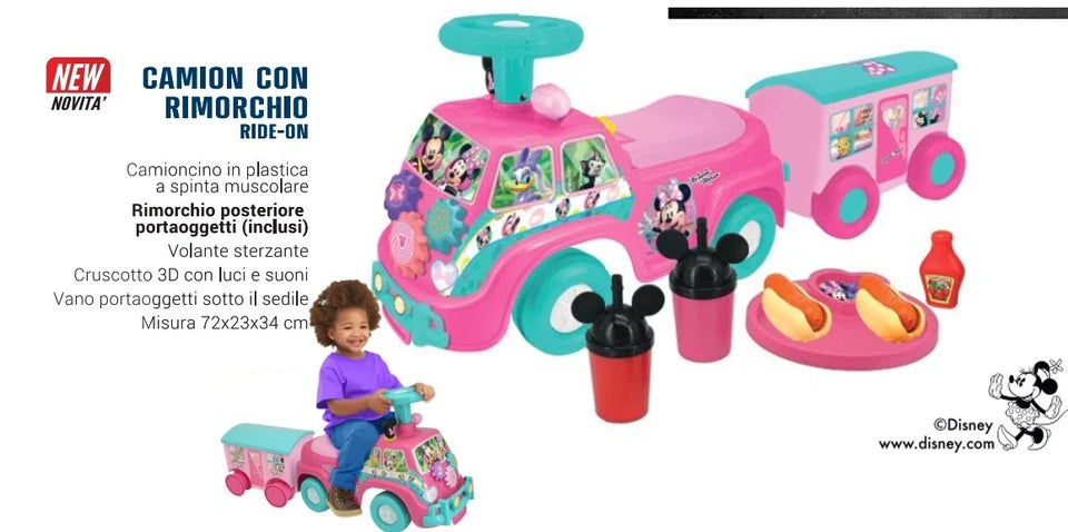 Ride on bambini disney auto a spinta cavalcabile minnie con rimorchio e accessori