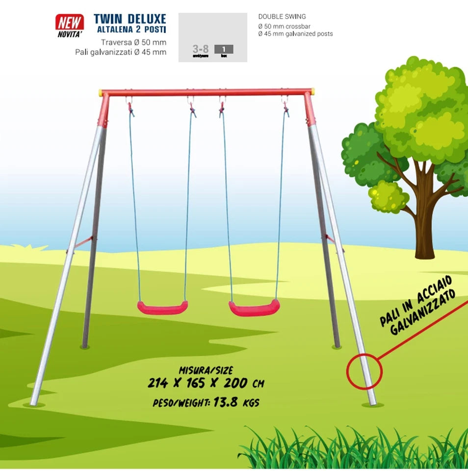 Altalena da giardino 2 posti 214x165x200 cm pali acciaio galvanizzato per bambin
