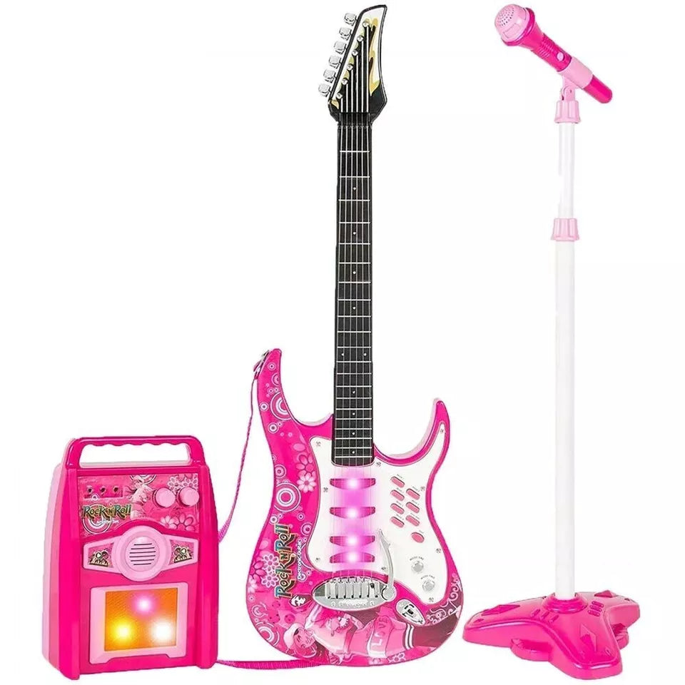 chitarra elettrica rosa set karaoke per bambina con asta microfono amplificatore