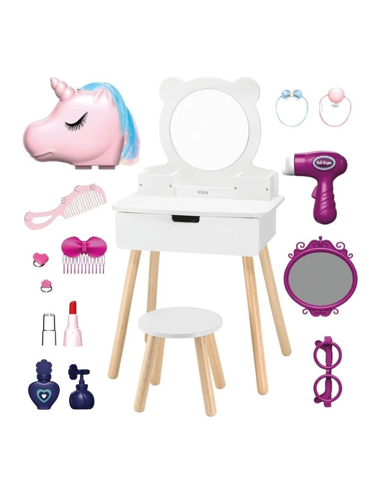 specchiera giocattolo specchio tavolo da trucco e accessori unicorno per bambine in legno