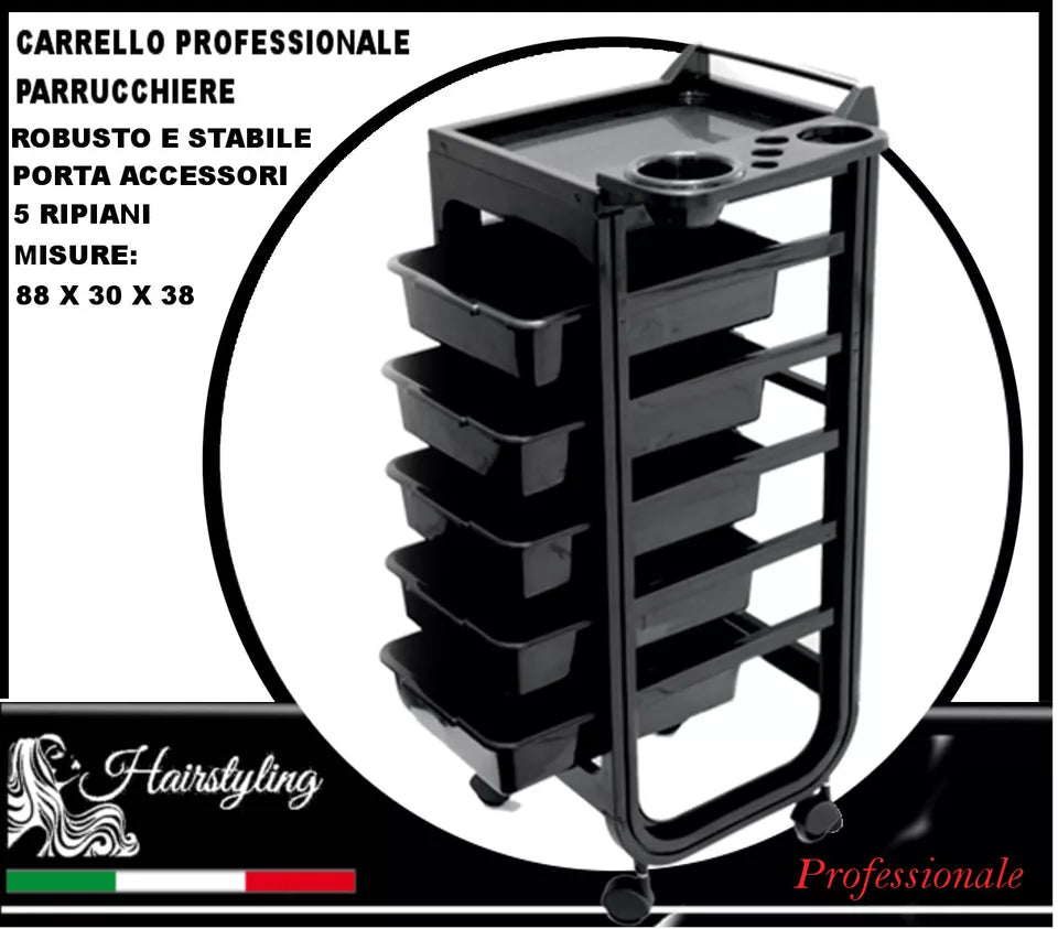 CARRELLO PER PARRUCCHIERE PROFESSIONALE 5 CASSETTI PORTA ACCESSORI PARRUCCHIERI