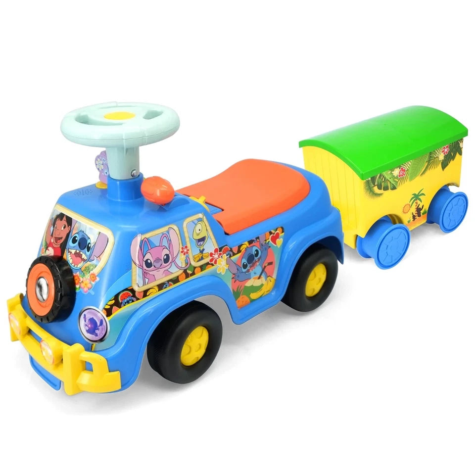 Ride on bambini disney stitch auto a spinta cavalcabile con rimorchio paletta secchiello mare