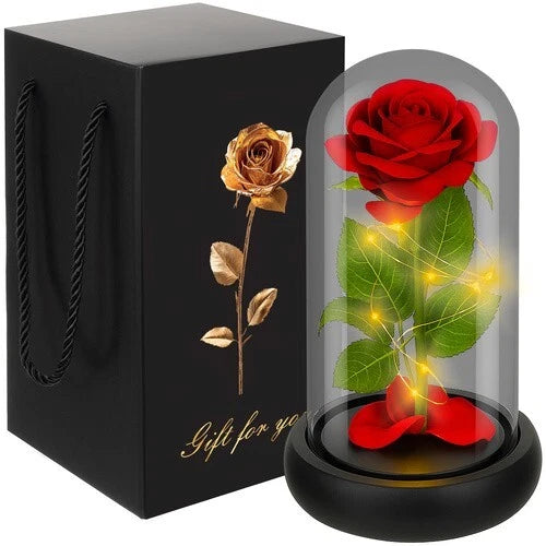 Rosa Eterna luci led Bella La Bestia Rosa Stabilizzata In Vetro + scatola regalo