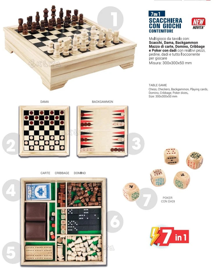 scacchi dama domino cribbage carte dadi backgammon scacchiera 7 in 1