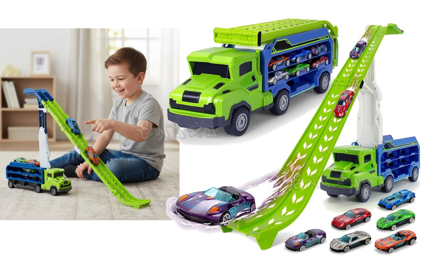 Camion giocattolo bambini con 6 auto in metallo a retrocarica pista garage gioco