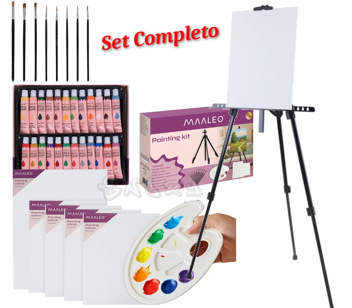 set pittura colori acrilici con pennelli cavalletto regolabile tavolozza e tele