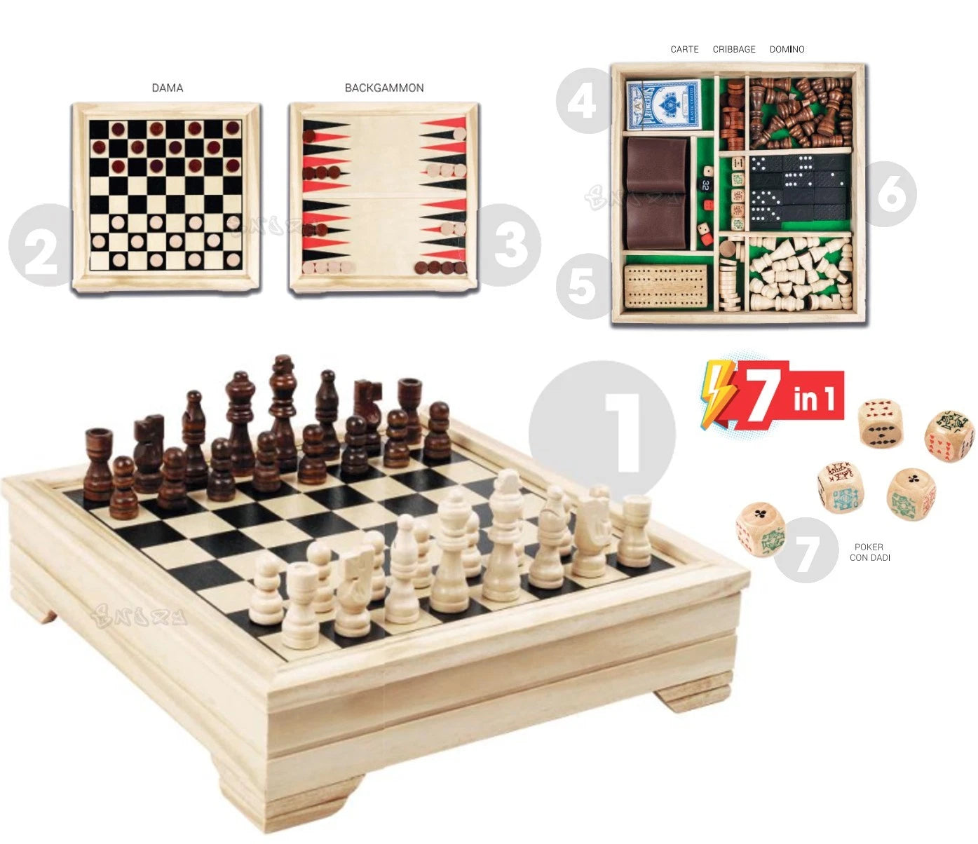 scacchi dama domino cribbage carte dadi backgammon scacchiera 7 in 1