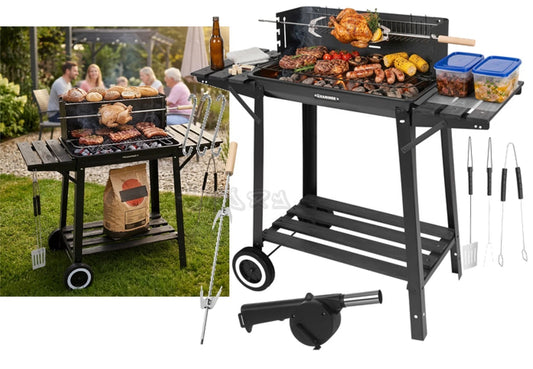 bbq barbecue a carbone carbonella da giardino grill regolabile ripiani spiedo e tanti accessori