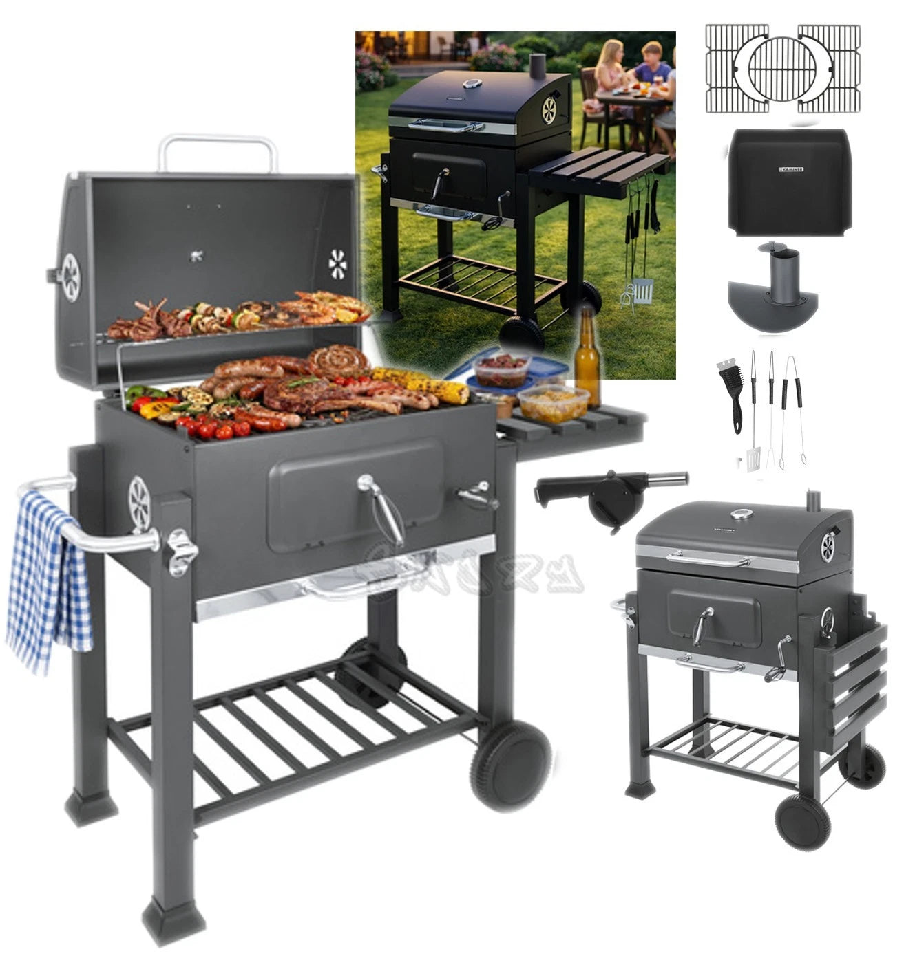bbq barbecue carbone carbonella griglia ghisa + coperchio soffiatore accessori
