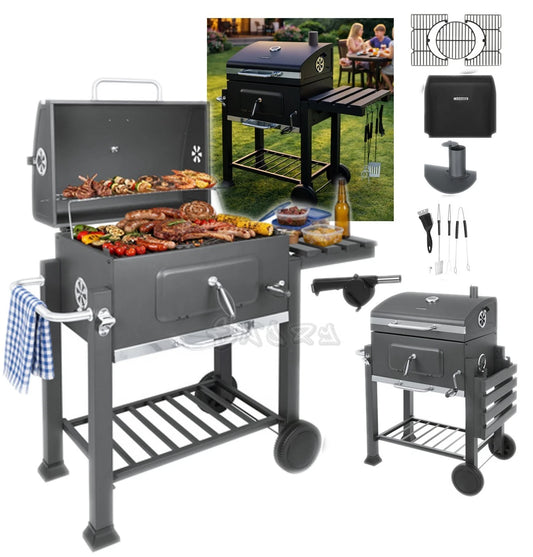 bbq barbecue carbone carbonella griglia ghisa + coperchio soffiatore accessori