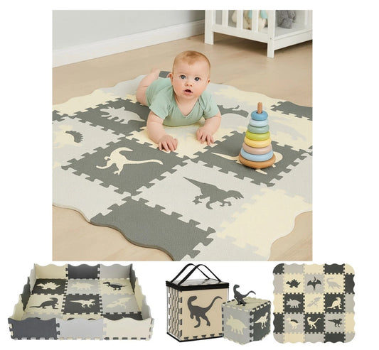 TAPPETO PUZZLE DINOSAURI GRANDE IN GOMMA PER BAMBINI SET 25 PEZZI TOT CM.106X106