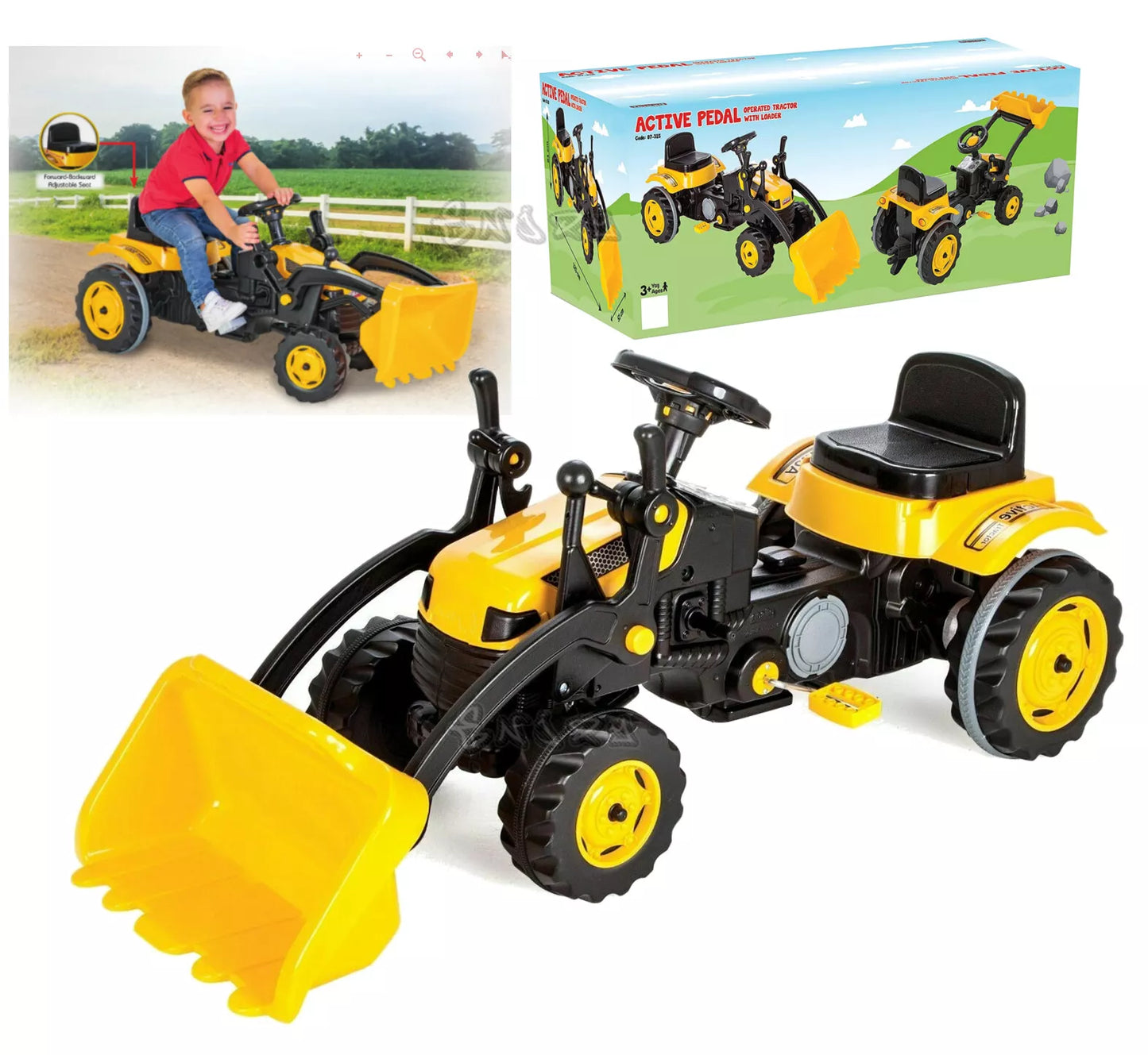 Trattore a pedali per bambini con escavatore sedile regolabile grande 125x51x51