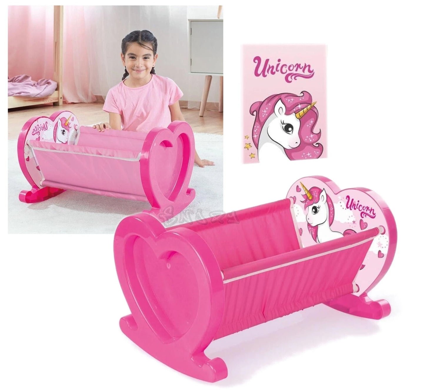culla per bambole e bambolotti lettino unicorno altezza 35x57x38 cm.