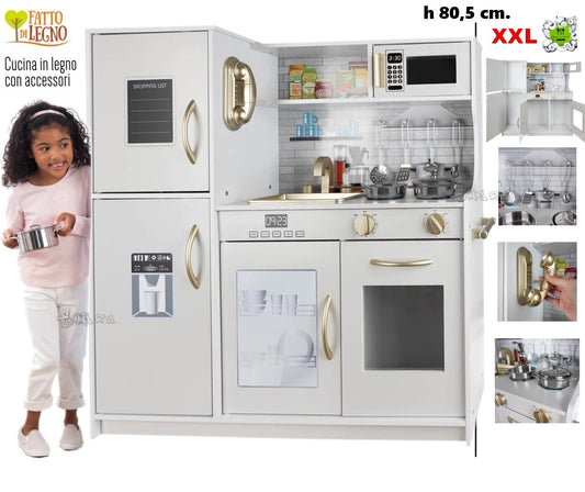 CUCINA PER BAMBINI IN LEGNO BIANCO CUCINA GRANDE con FRIGO FORNO pentole e luci