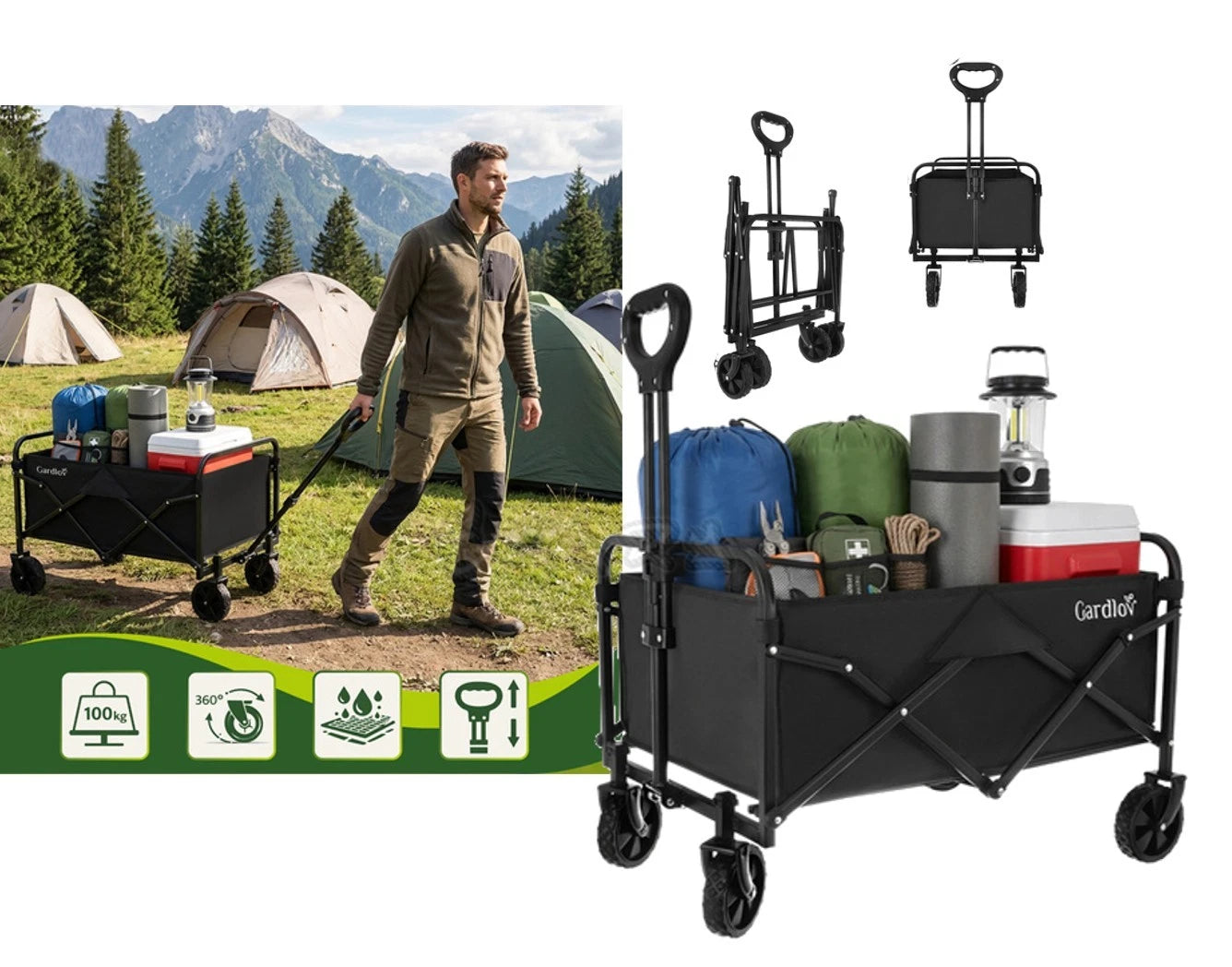 Carrello pieghevole giardino trasporto portapacchi per esterni mare carico 100kg