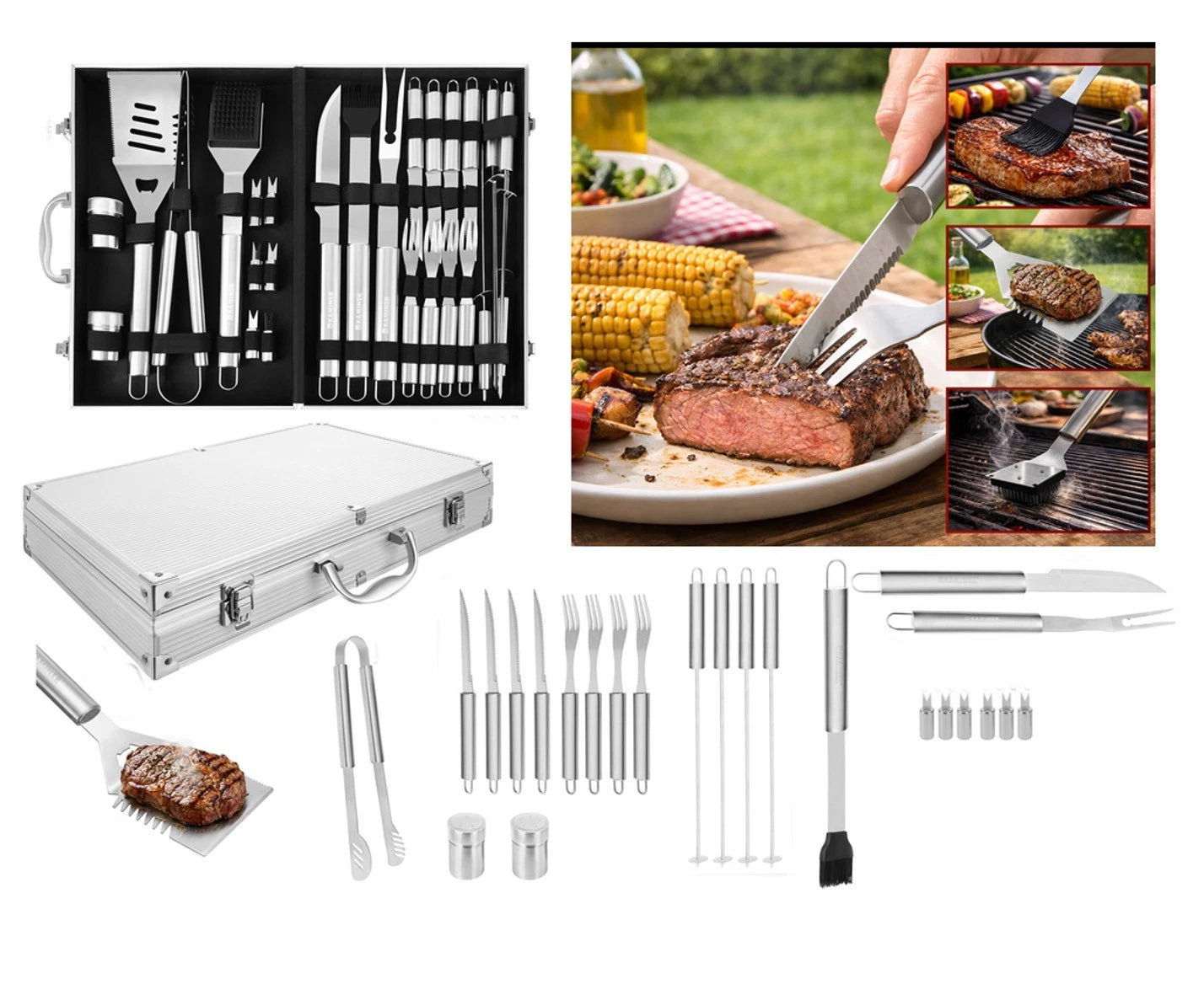 Set Accessori Barbecue 26 Pezzi in Acciaio inox- Valigetta Portatile Kit griglia
