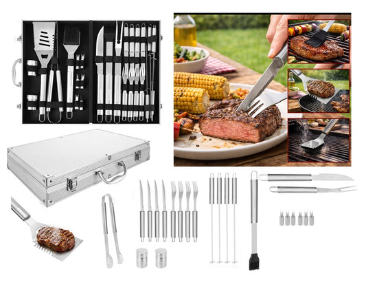 Set Accessori Barbecue 26 Pezzi in Acciaio inox- Valigetta Portatile Kit griglia
