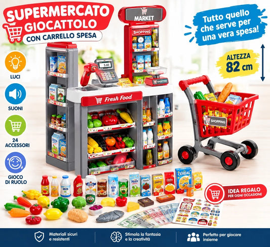 SUPERMERCATO GIOCATTOLO BAMBINI CON CARRELLO SPESA, CIBI, LUCI E SUONI
