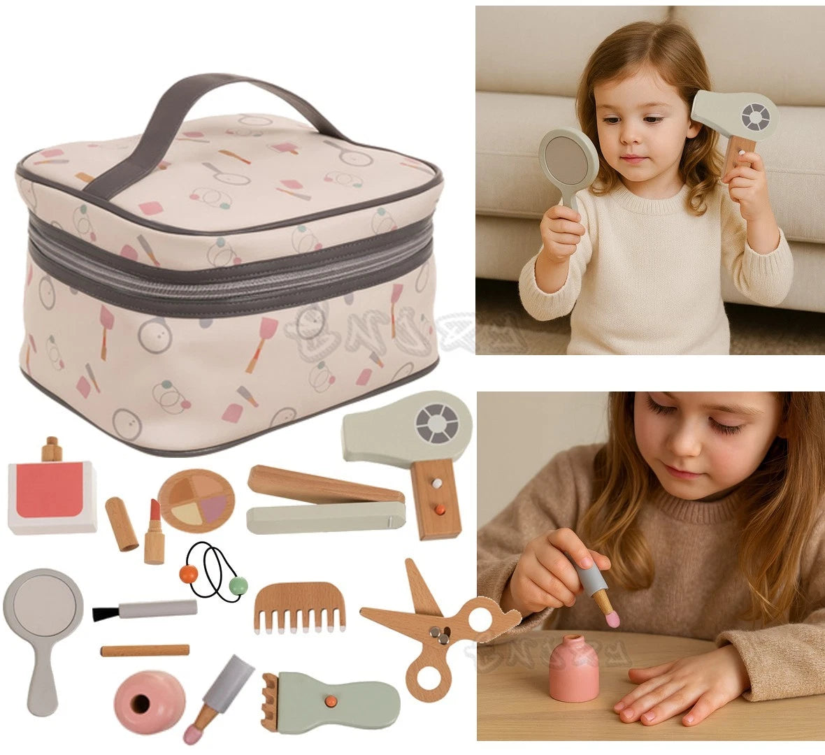 set bellezza gioco in legno set trucchi e capelli per bambine giocattolo in legno