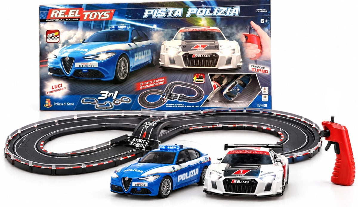 Pista elettrica 3 metri pista auto della polizia con alimentatore 2 telecomandi 2 auto con luci