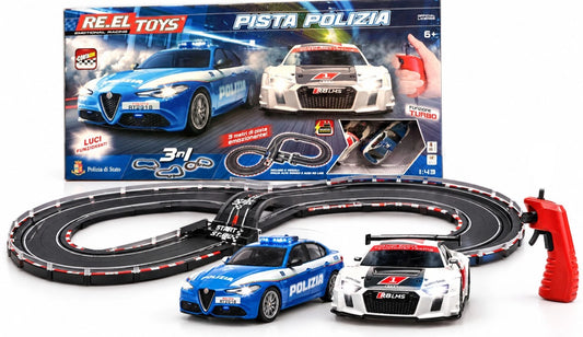 Pista elettrica 3 metri pista auto della polizia con alimentatore 2 telecomandi 2 auto con luci