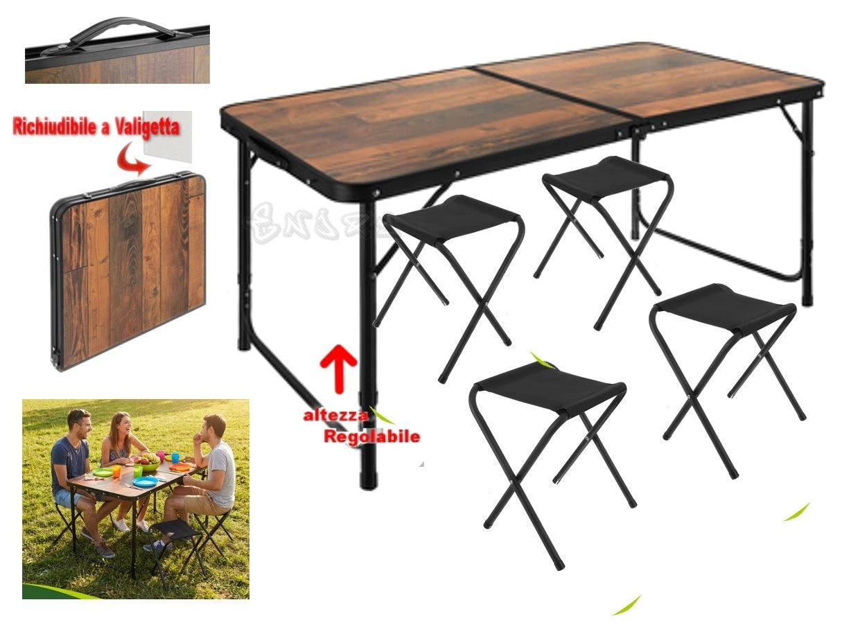 Tavolo campeggio pic nic+ 4 sgabelli richiudibile a valigetta altezza regolabile