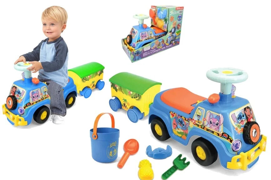 Ride on bambini disney stitch auto a spinta cavalcabile con rimorchio paletta secchiello mare