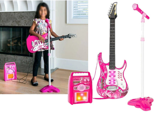 chitarra elettrica rosa set karaoke per bambina con asta microfono amplificatore