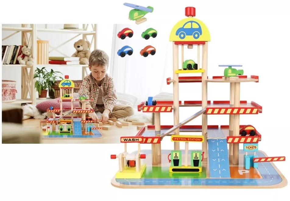 Box Garage in legno 3 piani set gioco garage pista macchine per bambini +veicoli