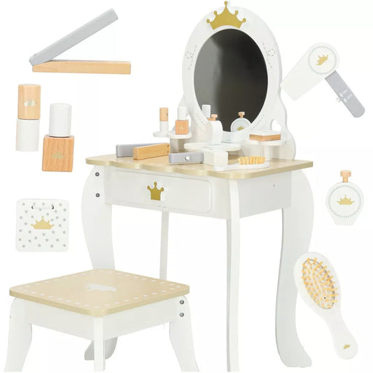 Specchiera giocattolo in legno specchio per bambine con accessori e sgabello