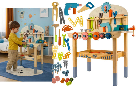 BANCO da lavoro giocattolo in legno con ATTREZZI banchetto bambini GIOCO h.79 cm
