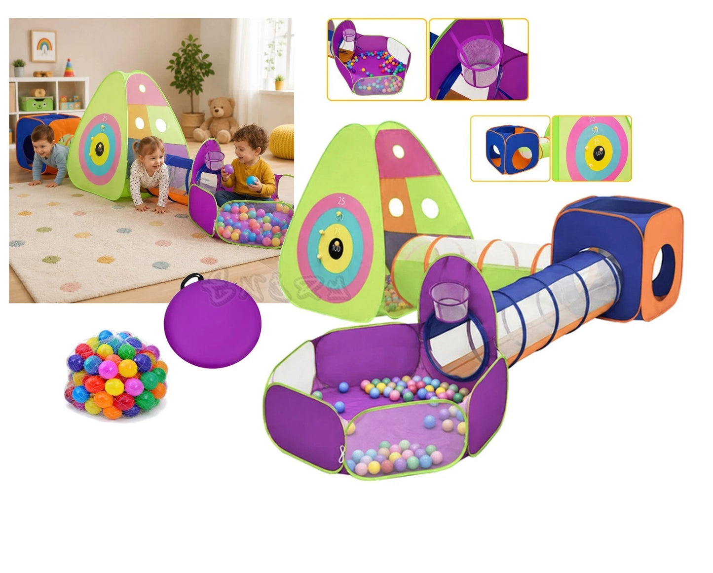 Tenda da gioco 5 in 1 Area gioco interni esterni per bambini pop-up + tunnel, casetta, palline canestro bersaglio