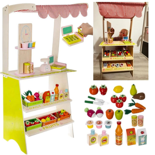 Banco del mercato Giocattolo, Gioco frutta verdura supermercato in Legno per Bambini