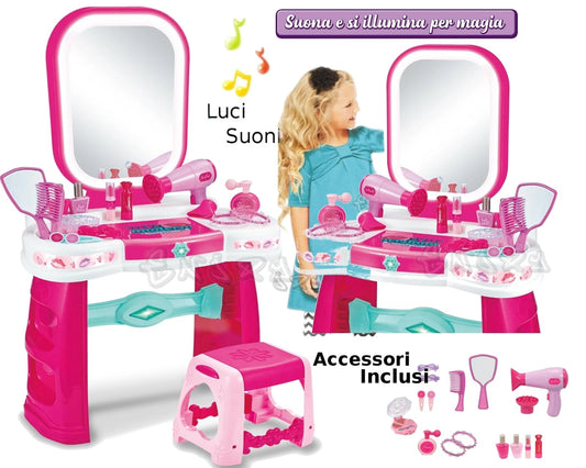 Specchiera Gioco con sgabello Bambine Specchio Trousse Set luci suoni h 72 cm