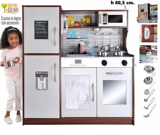 CUCINA PER BAMBINI Moderna IN LEGNO CUCINA con FRIGO FORNO PENTOLE E LUCE