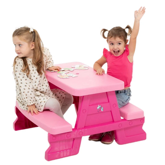 Tavolo da picnic rosa per bambine con panche tavolo unicorno in plastica interno esterno