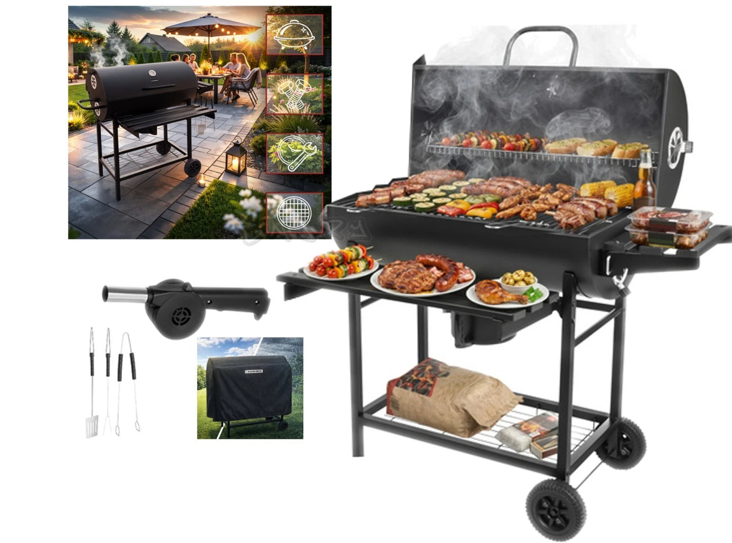 bbq barbecue xxl a carbone carbonella + accessori , soffiatore, copertura, termometro griglie