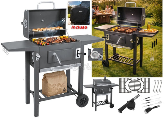 bbq barbecue a carbone carbonella griglie in ghisa + coperchio, termometro, soffiatore e tanti accessori