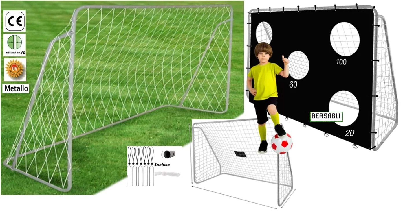 Porta da Calcio in Metallo 240x85x170 cm Porta da Calcio con Rete Telo Bersagli