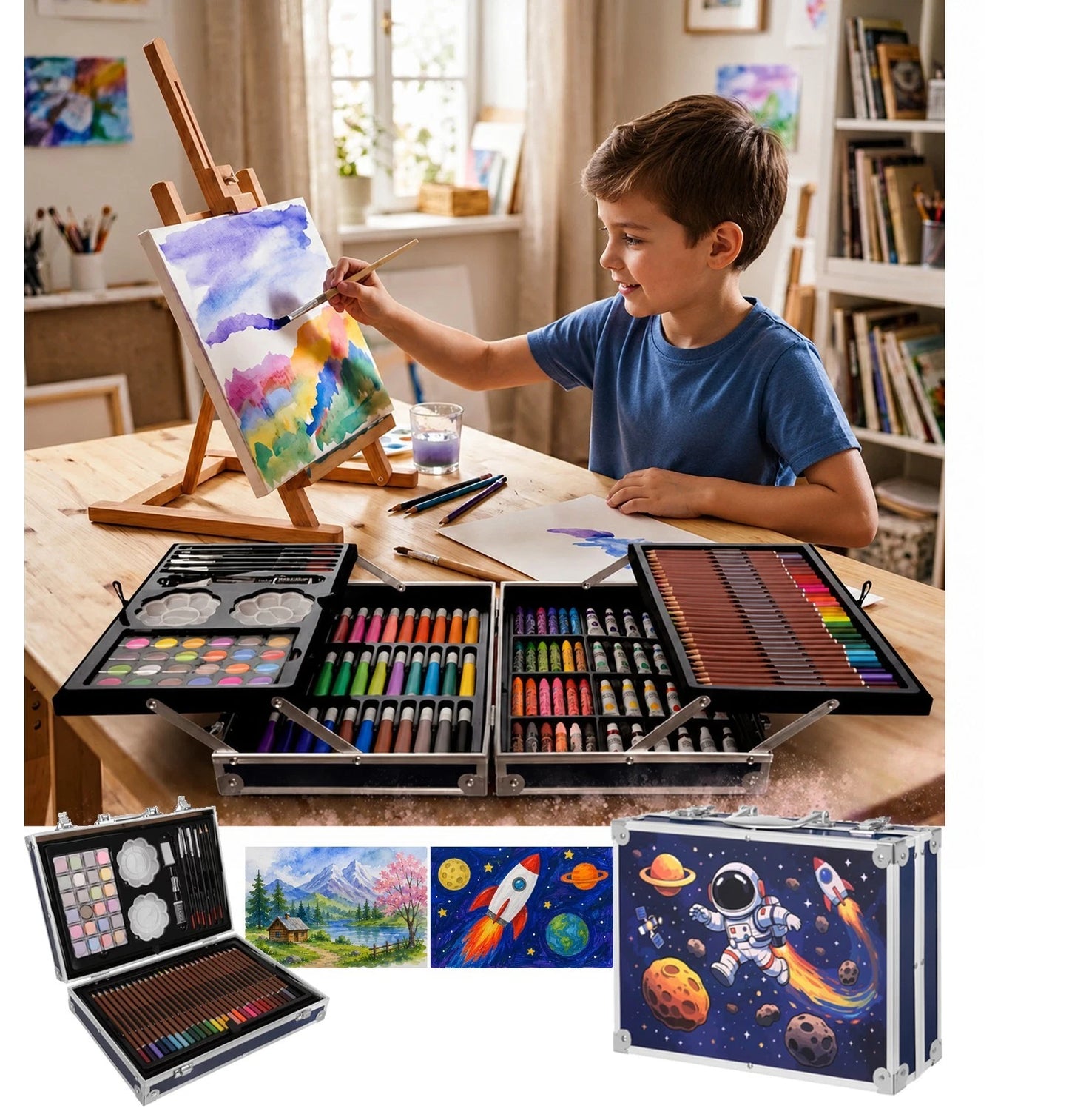 valigetta colori set pittura astronauta per bambini pastelli tempere pennarelli