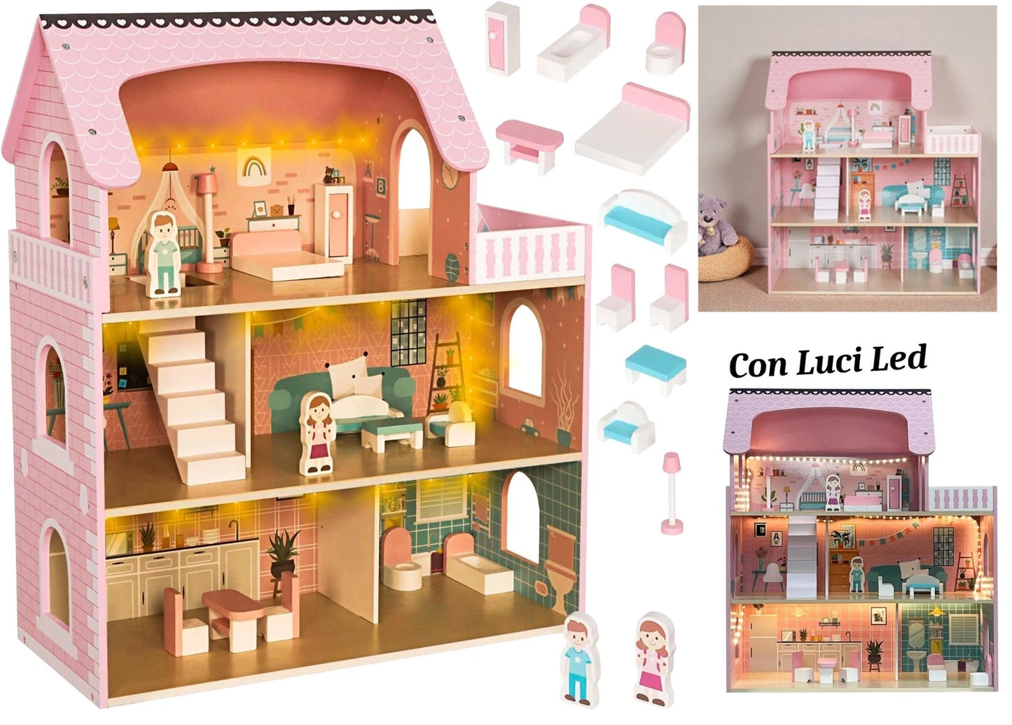 Casa delle Bambole in Legno XXL con luci Led 3 piani con mobili e accessori