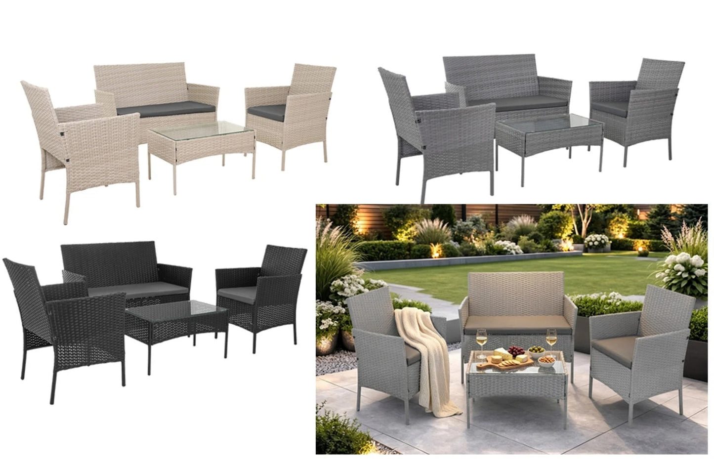 SET DA GIARDINO TERRAZZO 4 POSTI IN ECORATTAN- VARI COLORI- CON CUSCINI