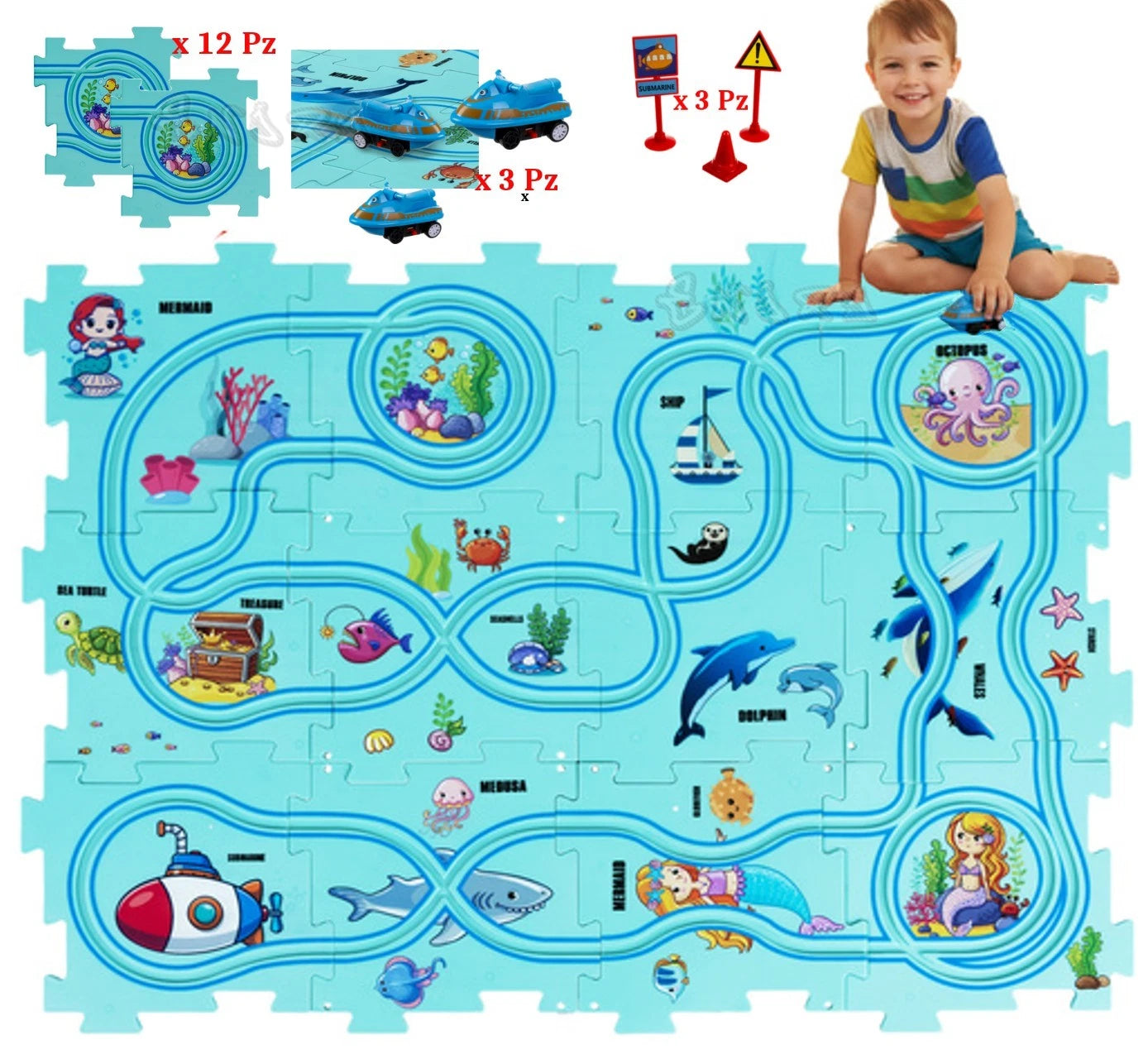 TAPPETO PUZZLE GRANDE 60x45 cm con pista , macchine a batteria e cartelli strada