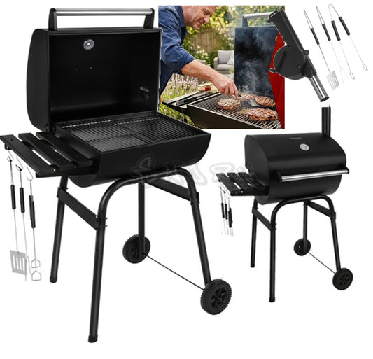 barbecue a carbonella bbq da giardino + accessori e soffiatore con termometro