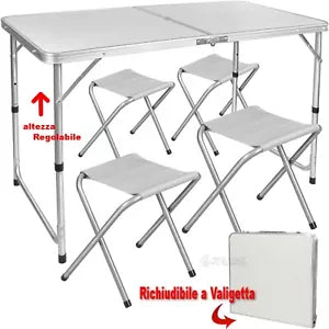 Tavolo picnic campeggio + 4 sgabelli e porta ombrellone richiudibile a valigetta