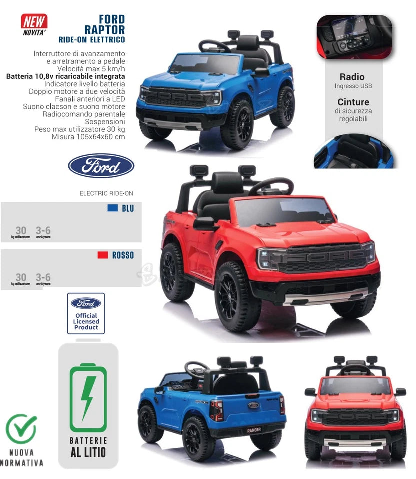 auto elettrica per bambini ford raptor fari led batteria litio fuoristrada jeep