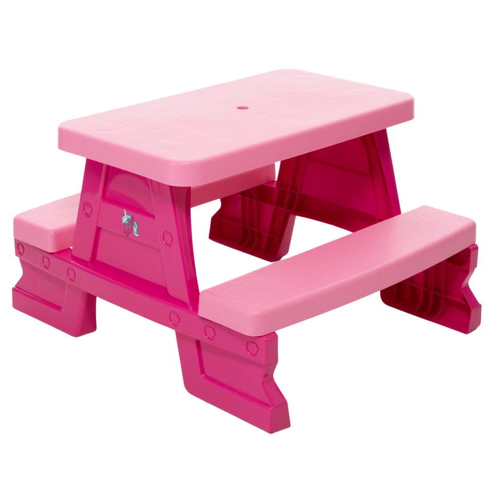 Tavolo da picnic rosa per bambine con panche tavolo unicorno in plastica interno esterno