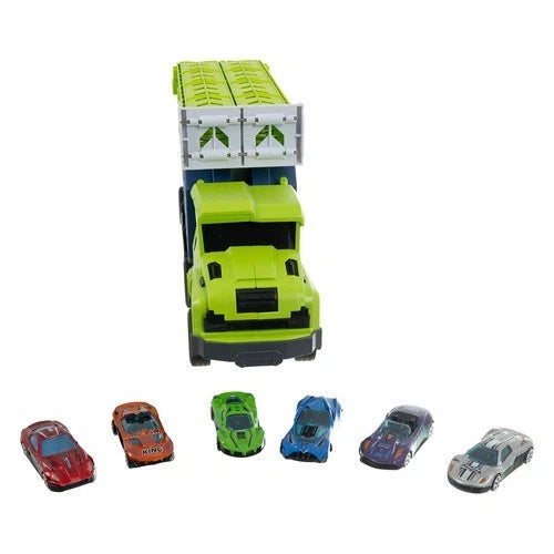 Camion giocattolo bambini con 6 auto in metallo a retrocarica pista garage gioco