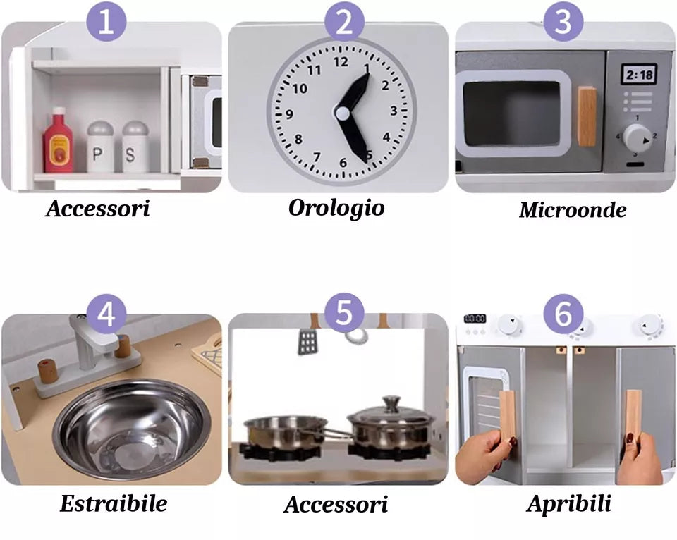 CUCINA PER BAMBINI IN LEGNO con pentole e accessori lavello e forno giocattolo